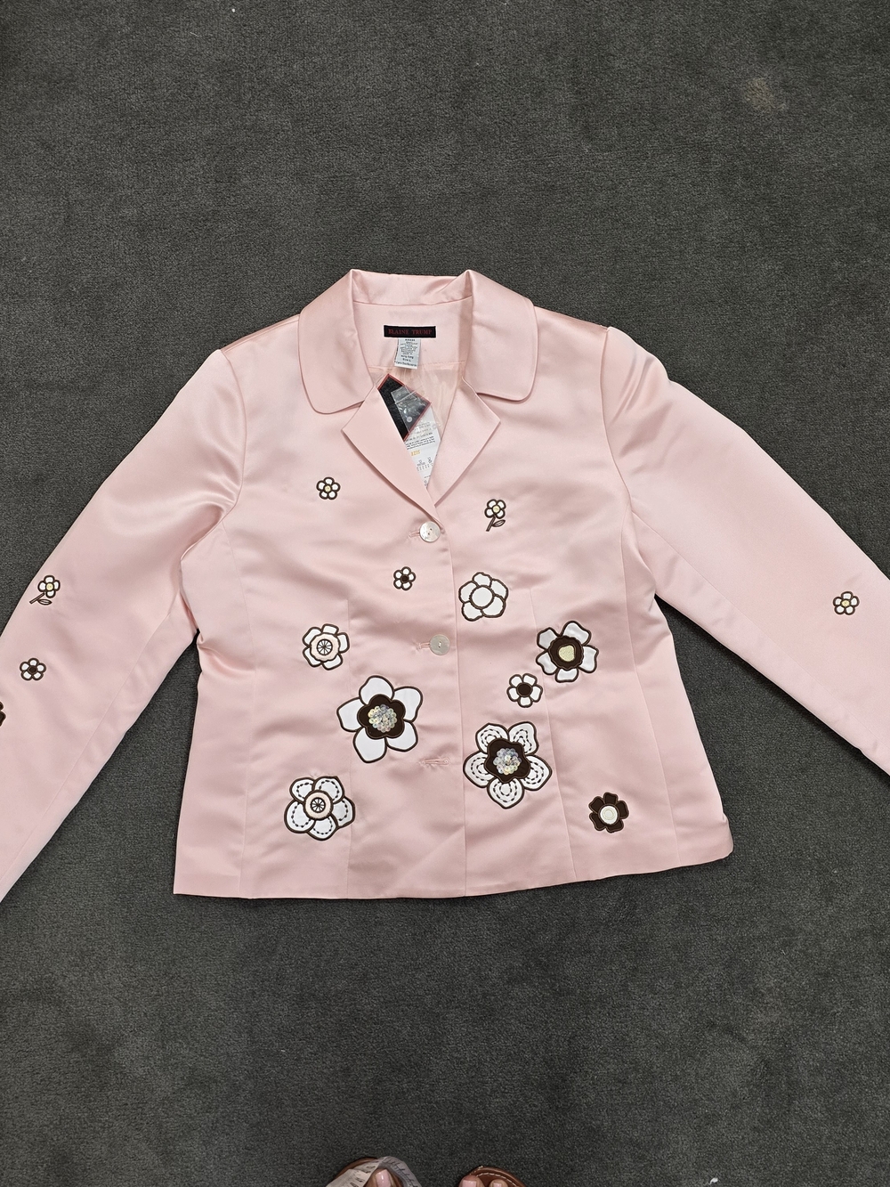 Vintage Y2K Blaine Trump Pink Floral Embroidery Satin Jacket Blazer L